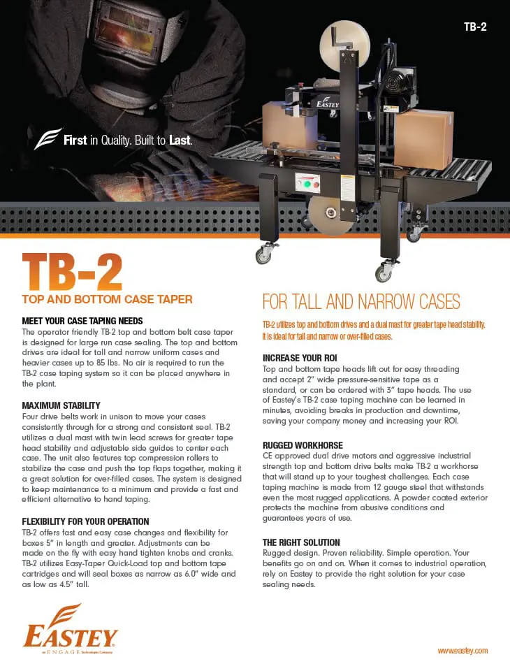 Case taper machine with informational text.
