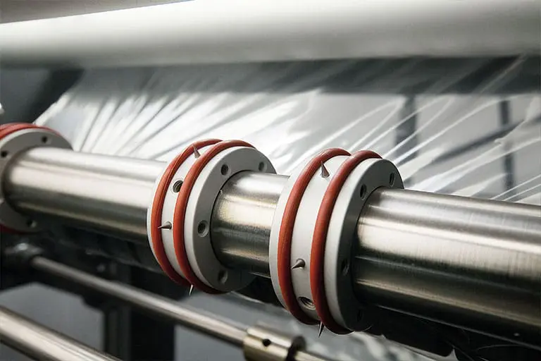 Industrial machine with metal rollers and plastic.