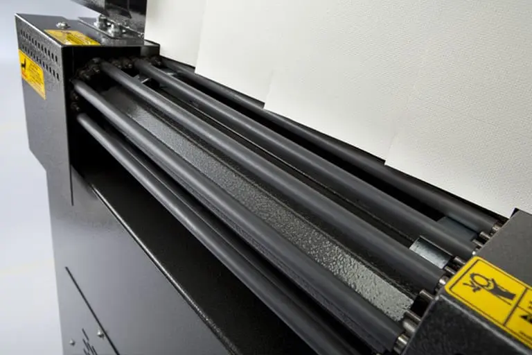 Industrial paper folding machine close-up.
