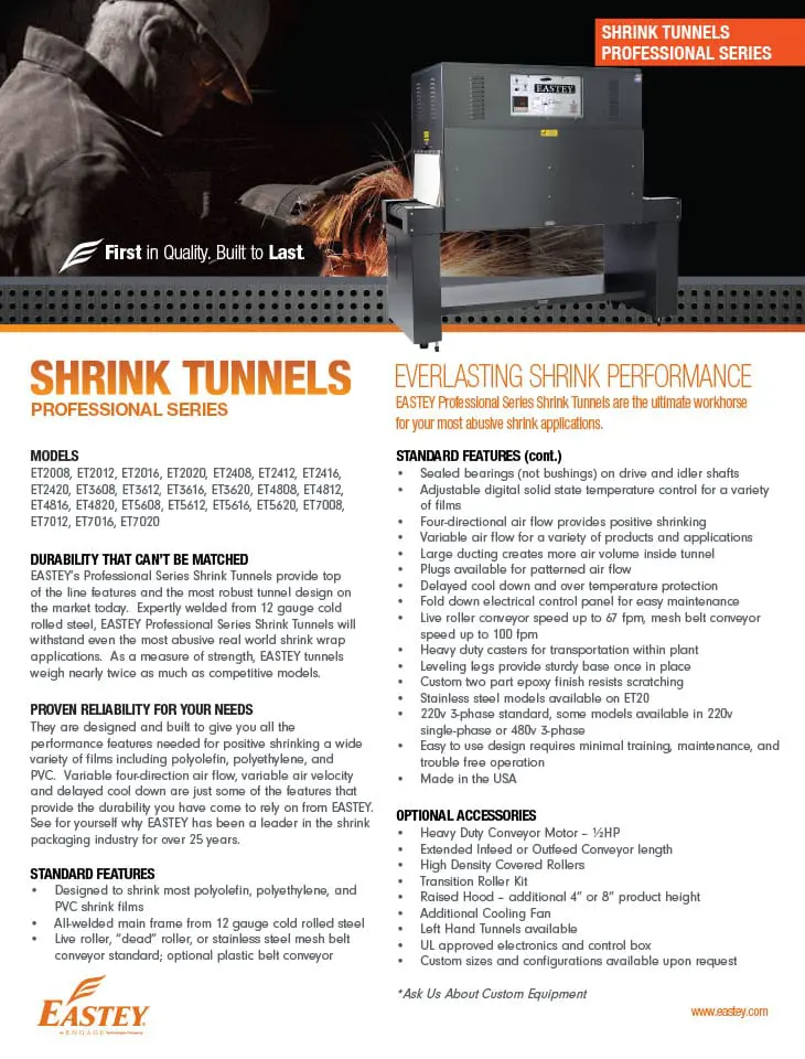 Eastey shrink tunnels product brochure.