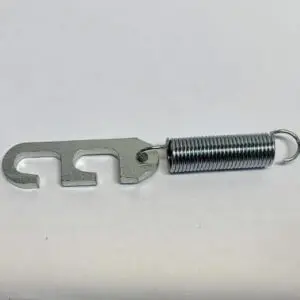 Metal hook with spring on white background.