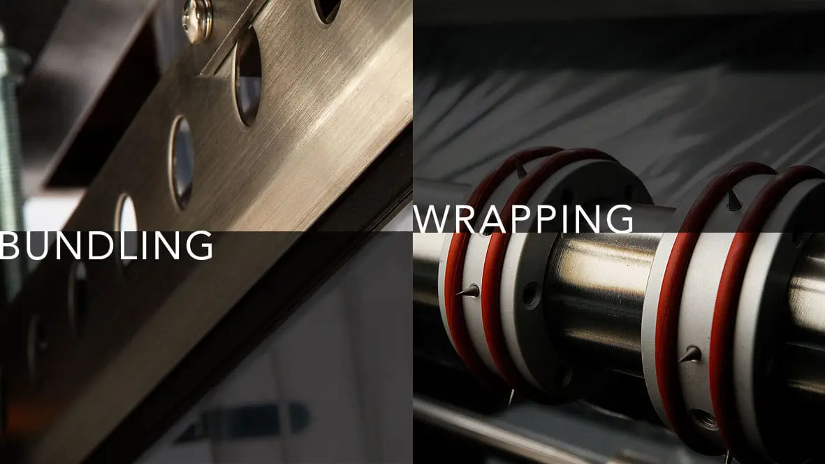 Bundling and wrapping machinery close-up.