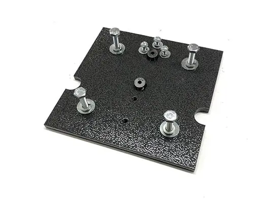 Black mounting plate with bolts and washers.
