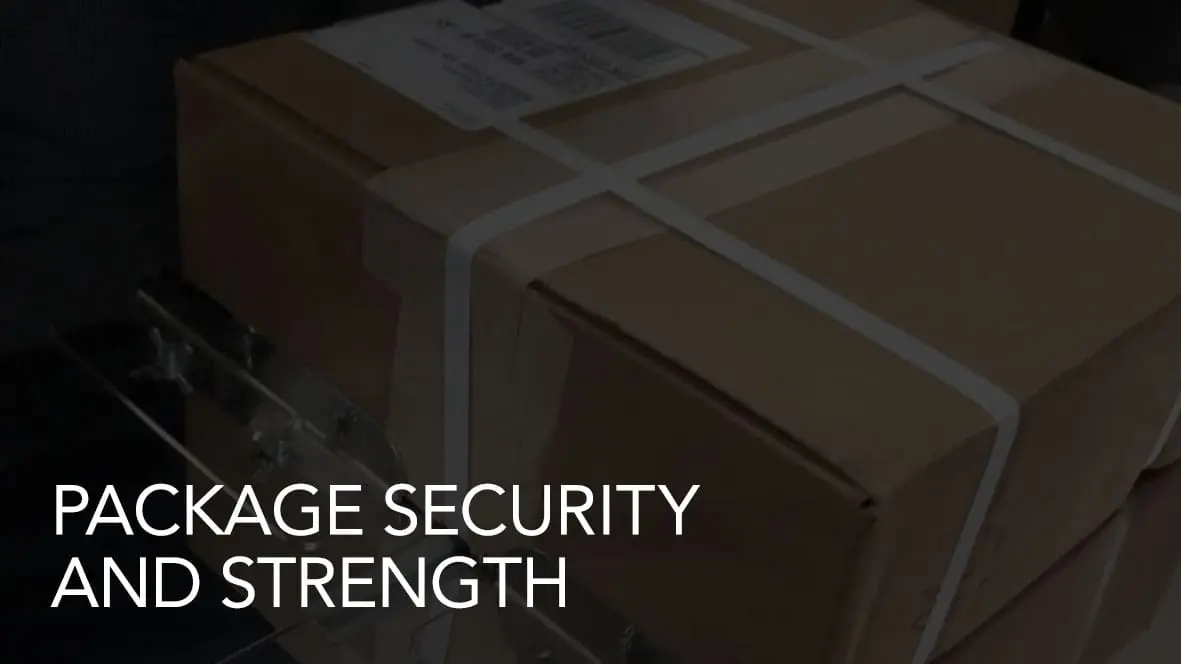 Box with white straps labeled package security.