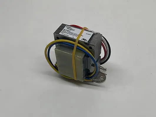 Small wired electrical transformer.