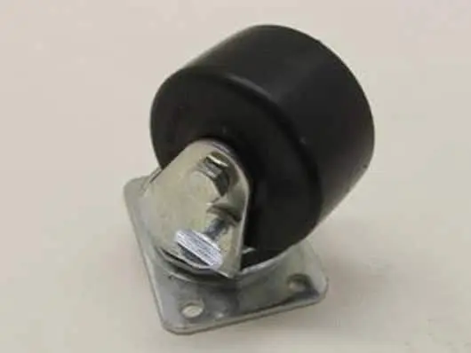 Black wheel caster with metal mounting plate.