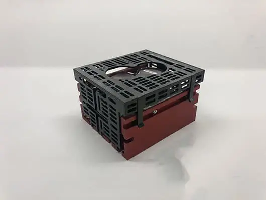 Red and black stackable storage crate.