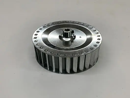 Here's an alt tag for the image: Silver metal axial fan blade.