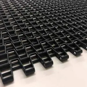 Black plastic conveyor belt links.