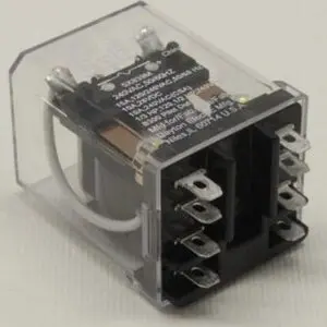 Clear plastic electrical relay with metal terminals.