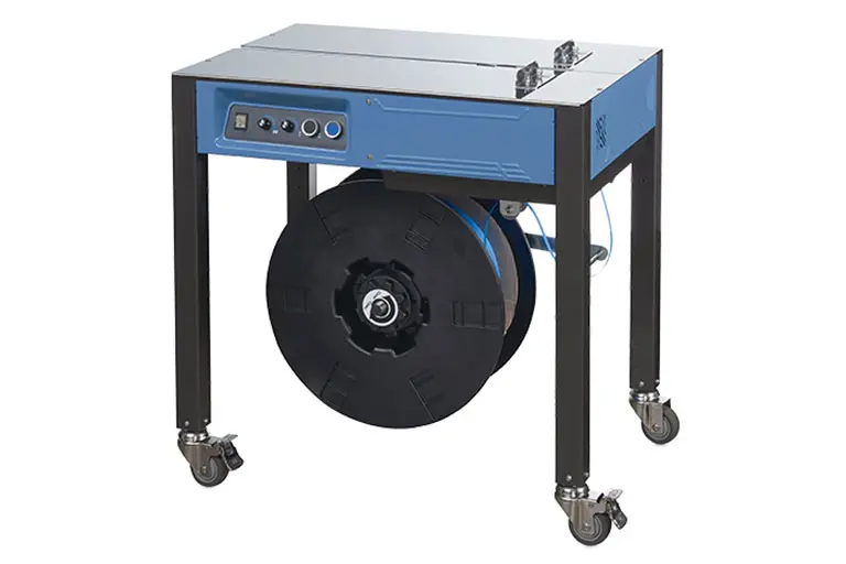 Blue industrial strapping machine on wheels.