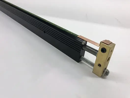 Metal rod with attached bracket and screws.