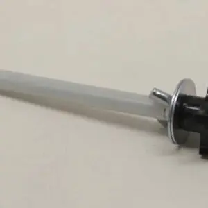 Black and silver valve stem on beige background.