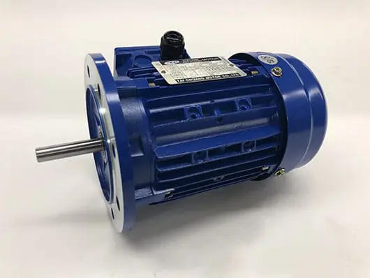 Blue industrial electric motor on white background.