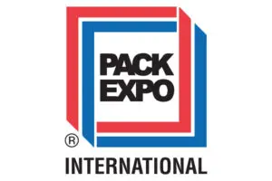 Pack Expo International logo with red, blue.