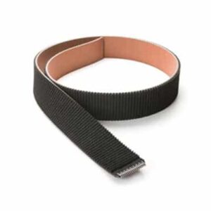 Black industrial conveyor belt on white background.
