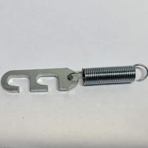 Metal hook with spring on white background.