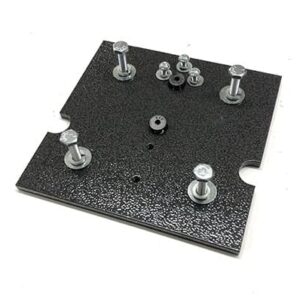 Black mounting plate with bolts and washers.