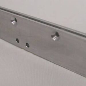Metal bracket with multiple drilled holes.