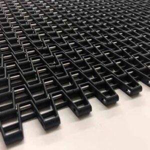 Black plastic conveyor belt links.