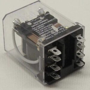 Clear plastic electrical relay with metal terminals.