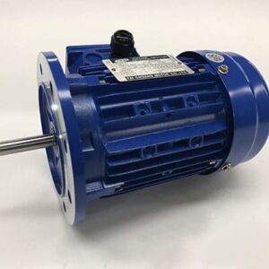 Blue industrial electric motor on white background.